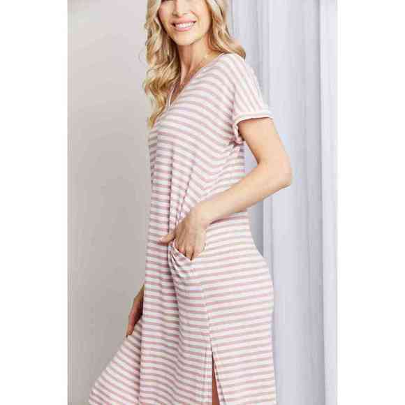 Heimish Full Size Horizontal Stripe Side Slit V-Neck Dress - Picture 4 of 4